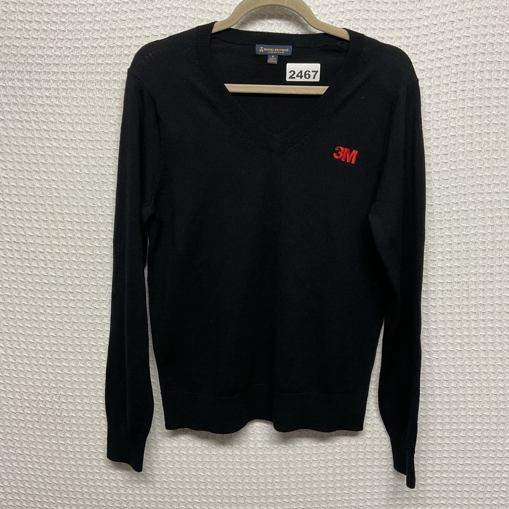 Brooks Brothers Sweater Mens M Black Merino Wool V Neck Lightweight Knit 3M Logo